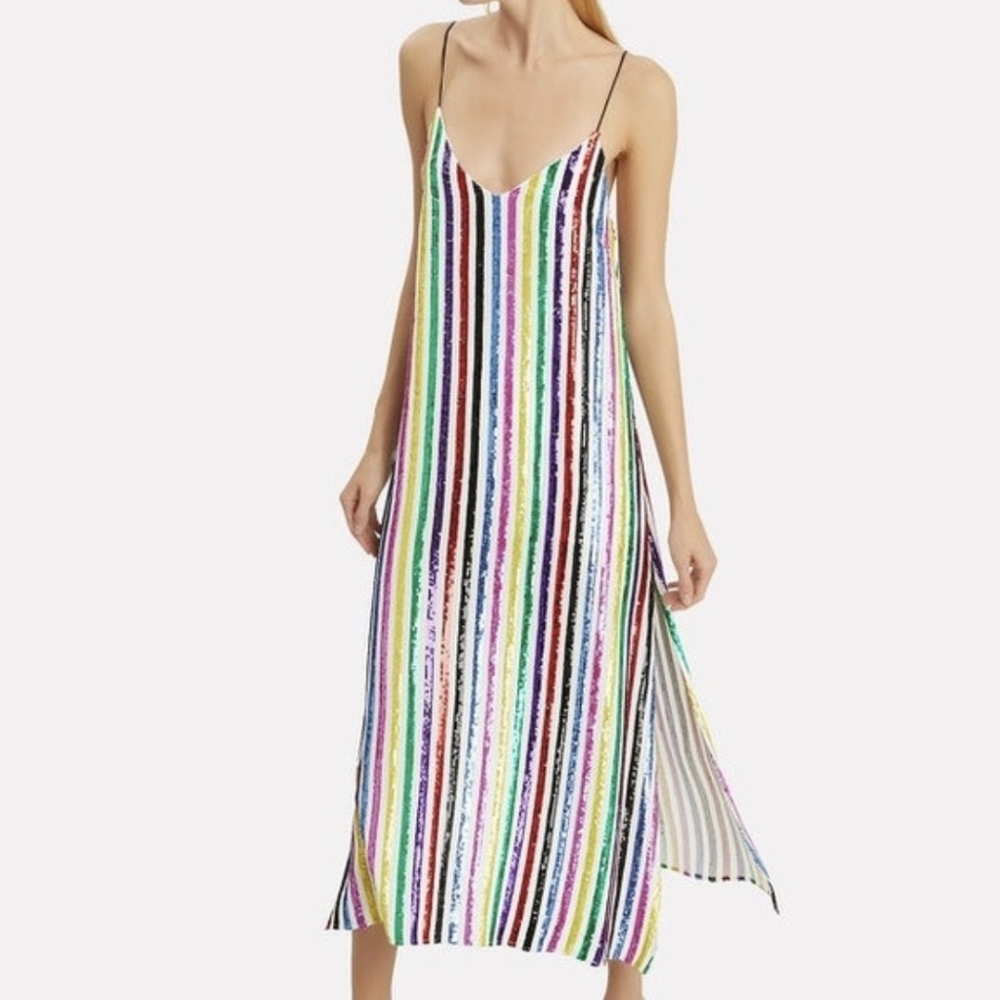 NWT $895 Caroline Constas Sequin Striped Multicolor Midi Slip Dress XS